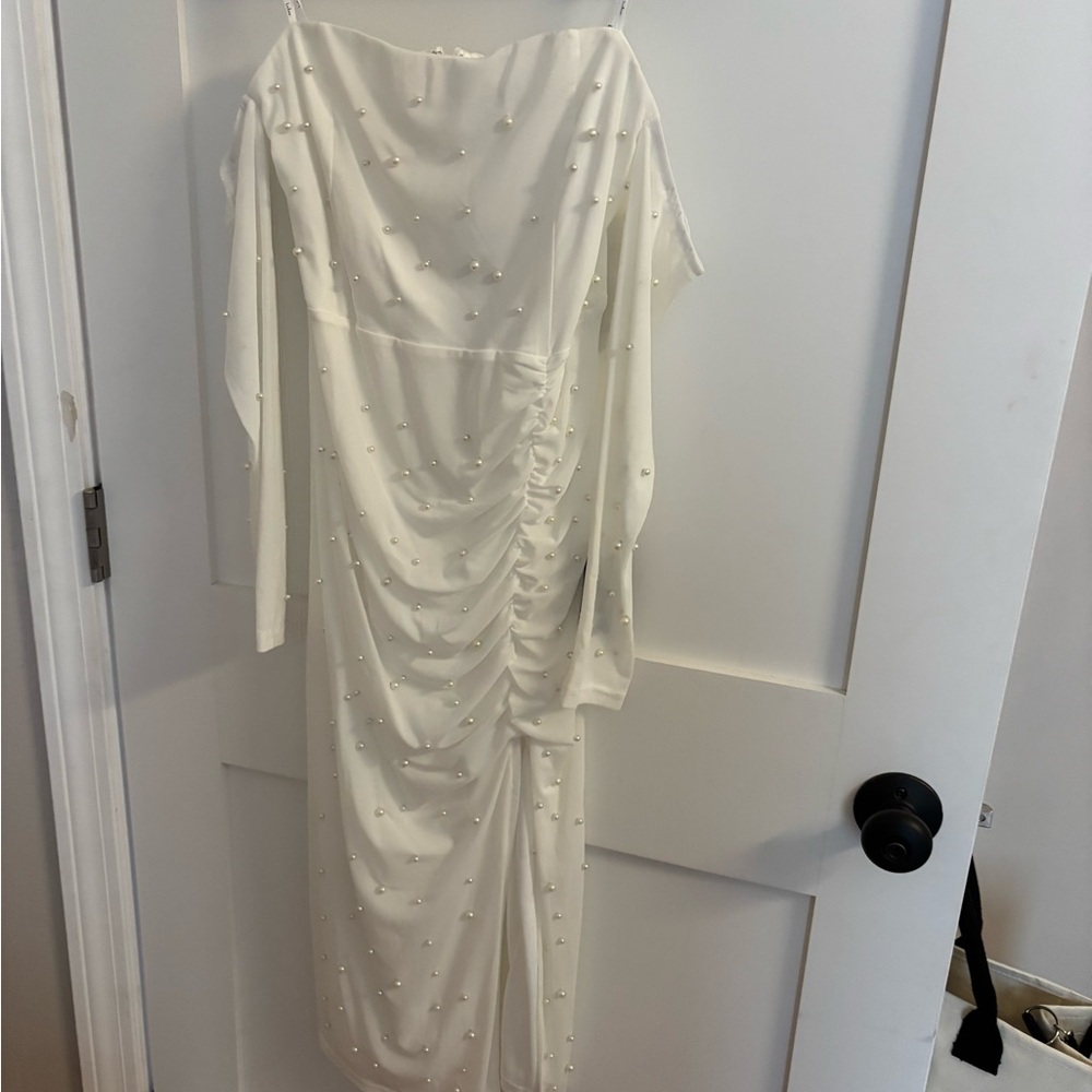 Lulu's Ivory Pearl-Embellished Asymmetrical Midi Dress